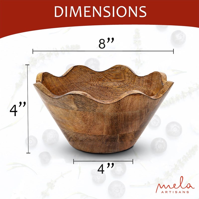 Mela Artisans Small Scalloped Decorative Wooden Bowl | 8 Inch Mango Wood Fruit & Serving Bowl | Natural Grain Finish | Perfect for Snacks | Desserts | Bread | Kitchen Counter | Handcrafted Decor - Image 2